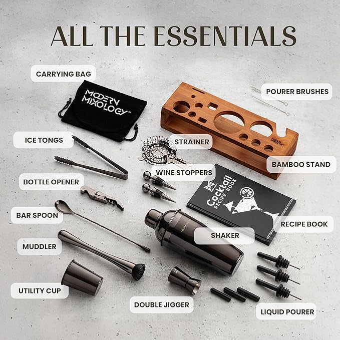 Modern Mixology 21-Piece Cocktail Shaker Set with Stand, Bartender Kit for Home Bar Accessories: 24oz Martini Shaker, Jigger, Strainer, Bar Spoon, Tongs, Opener, Muddler (Black, Brown Stand)