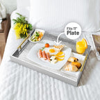 17" x 12" Wood Serving Tray with Gold Polished Metal Handles, Home Decorative Wooden Rectangle Ottoman Leather Decor Platter Bathroom Vanity Tray for All Occasions Alligator Silvery