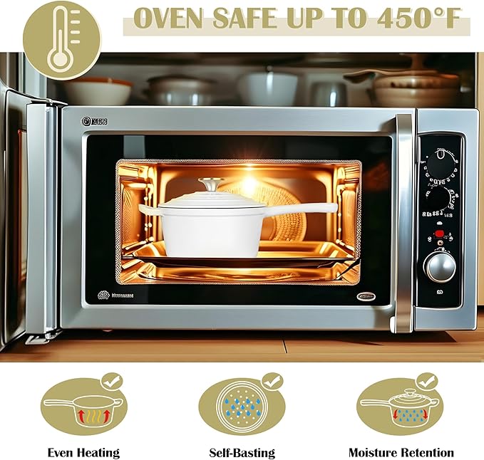 E-far Enameled Cast Iron Sauce Pan, 2 Quart Dutch Oven Saucepan with Lid, Small Sauce Pot for Cooking, Boiling, Healthy & Non Toxic, Induction & Oven Safe, White