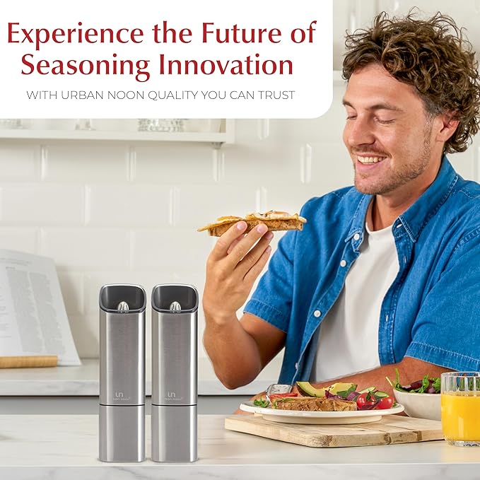 Automatic Salt and Pepper Grinder Set - Rechargeable Electric Salt and Pepper Shakers with Adjustable Coarseness, LED Light, One-Handed Use, Gravity Salt Grinder and Electric Pepper Mill