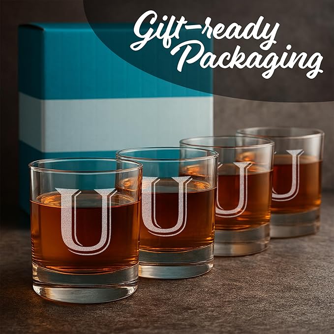 Monogrammed Gifts for Men - 4PC 11 Oz Custom Whiskey Glasses (U-Monogram) - Engraved Whiskey Glasses - Personalized Whiskey Glasses - Unique Bourbon Glasses - Personalized Glass Gifts for Dad