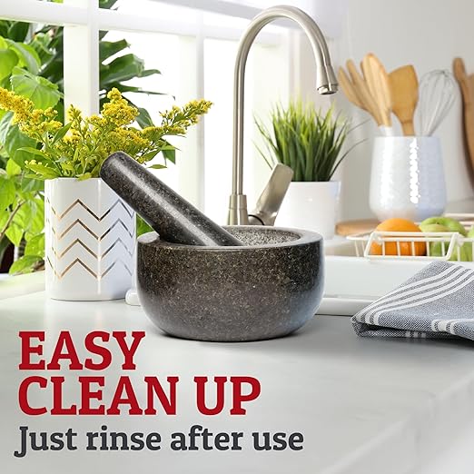 Priority Chef Heavy Duty Mortar and Pestle Set, 1.5 Cup, 100% Granite, Non Slip Base, Make Fresh Guacamole, Salsa, Pesto, Stone Grinder Bowl, Herb Crusher, Spice Grinder, 5.5 Inch - Black