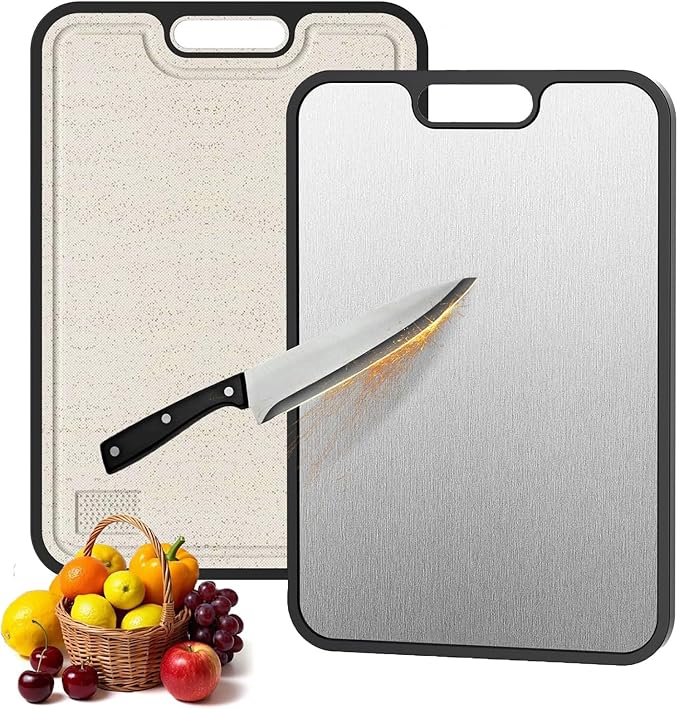 Titanium Cutting Board,Double Sided Steel Cutting Boards for kitchen,Stainless Steel/Wheat straw pp Board for meat,non toxic Chopping,15 * 10 Inch,Dishwasher Safe