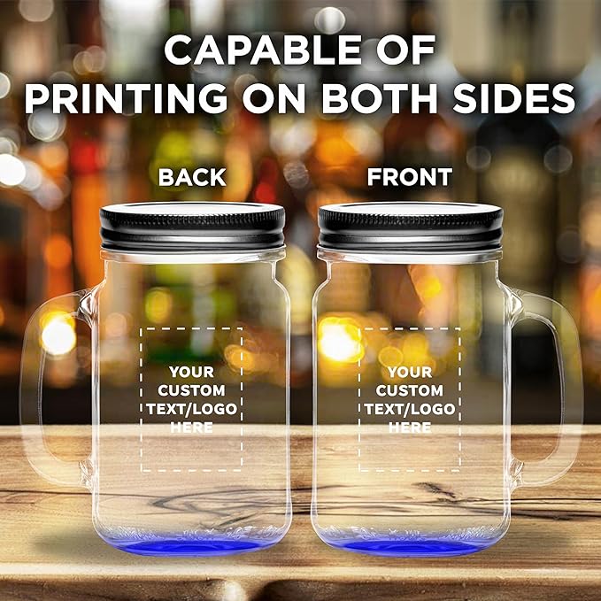 DISCOUNT PROMOS Custom Libbey Handle Mason Jars w/Lids 16 oz. Set of 10, Personalized Bulk Pack - Traditional style, High standard - Blue