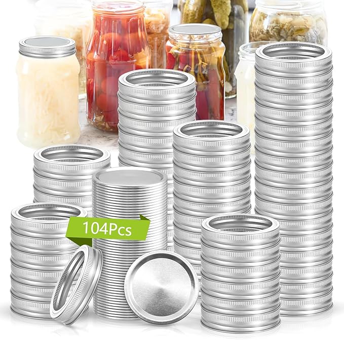 52Set/104Pcs (70 mm/2.76 In) Canning Lids with Rings Regular Mouth, Leak Proof Split-Type Metal Canning Jar Lids for Ball/Kerr Jars, Food Grade Material, 100% Fit & Airtight for Regular Mason Jar Lids