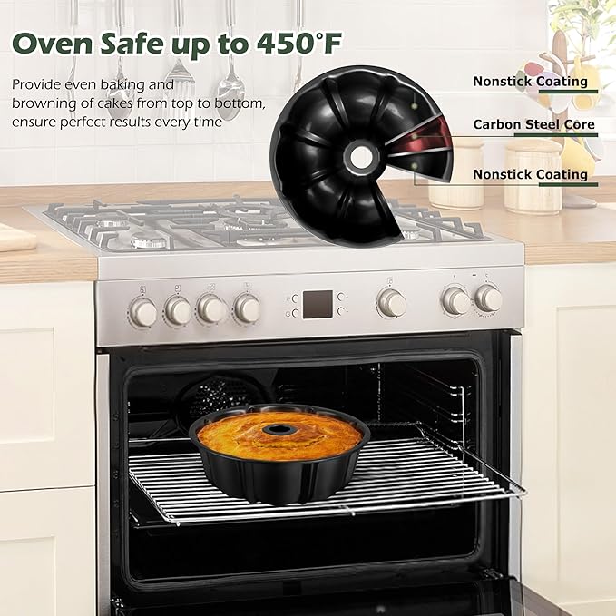 E-far 10 Inch Tube Cake Pan, Nonstick Fluted Pan for Baking Pound Cake, Heavy Duty Carbon Steel Round Baking Mold, Easy Release & Easy to Clean, 10 Cup, Black