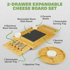 Charcuterie Board Gift Set, Expandable Bamboo Cheese Board with Stainless Steel Serving Utensils, Ceramic Bowls, Appetizer and Serving Trays, Utensil Trays - Housewarming 2 Drawers