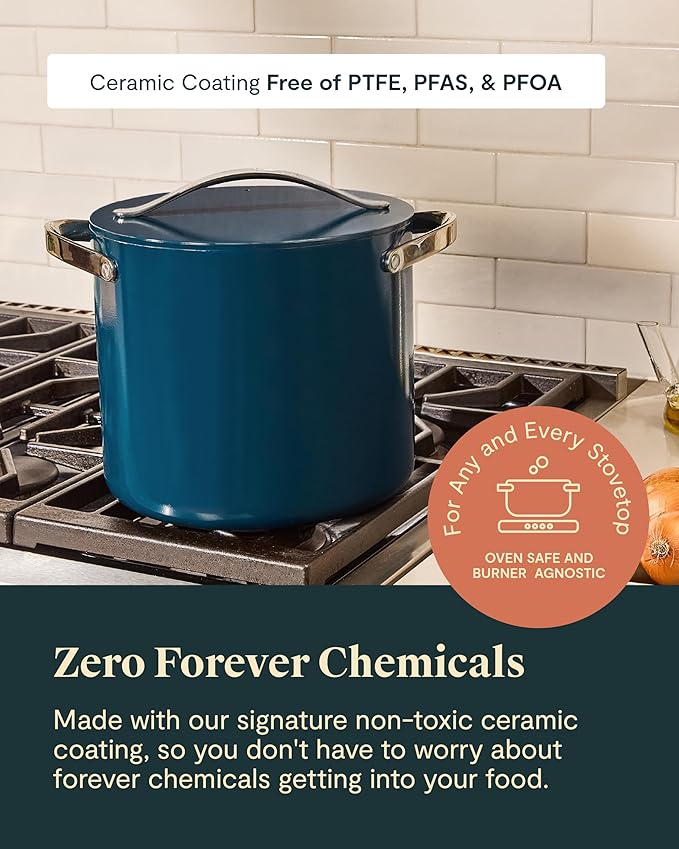 Caraway Stock Pot - 12 Qt Ceramic Coated Pot With Lid - Fee From Forever Chemicals - Large Pot for Bigger Batches - Gray