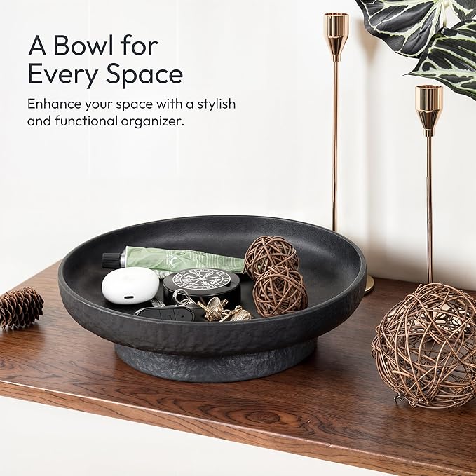 Granite Inspired Matte Black Fruit Bowl | Wide, Shallow Textured Pedestal Bowl | 11 Inch Unique Centerpiece for Table or Decor for Entryway Table