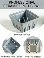 Gomakren Fruit Bowl with Holes, Ceramic Berry Basket Set of 2, 5.7 Inch Square Fruit Basket for Kitchen, Berry Containers for Table, Modern Kitchen Decor, Slate Blue