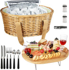 Hap Tim Wicker Picnic Basket Set for 2 with Mini Folding Wine Picnic Table & Large Insulated Cooler Bag & Cutlery Service Kits for 2 Person, Couples Gifts, Wedding Gifts (Y2209-2-GR)
