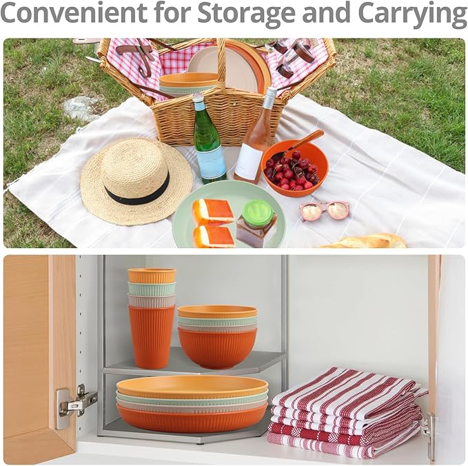 Tanice Camping Plates and Bowls Set for 4, 12-Piece Unbreakable Plastic Dinnerware, Microwave & Dishwasher Safe, Dinnerware Set with Pltaes, Bowls, Cups for Outdoor Picnic, RV, Travel Essentials