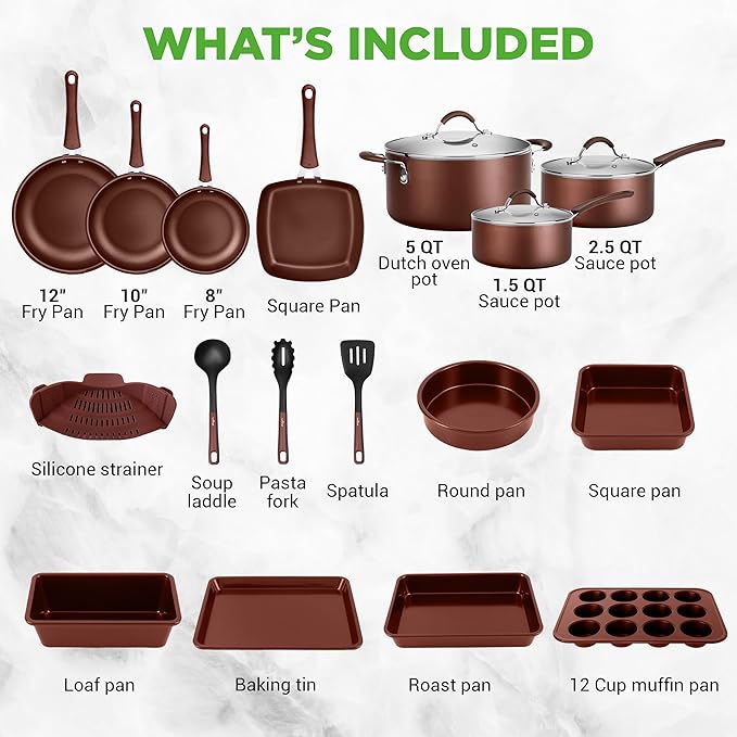 NutriChef 20 Piece Professional Home Kitchen Cookware and Bakeware, Pots and Pans Set Non Stick Kitchenware, Cool-Touch Handles, Safe for Gas, Electric, Induction Cooktops, Easy Clean, Brown