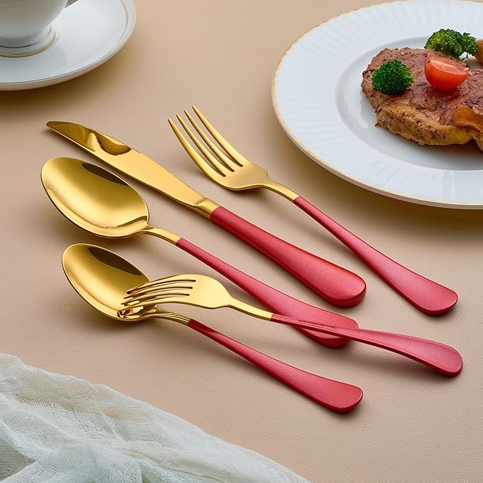 20-Piece Gold and Red Silverware Set for 4, 18/0 Stainless Steel Flatware Cutlery Utensils Set, Include Dinner Knives,Dinner Forks,Dinner Spoons,Salad Forks,Teaspoons,Dishwasher Safe…, ZT-2223