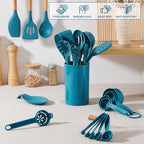 E-far Blue Cooking Utensils Set with Holder, 25-Piece Silicone Kitchen Utensil Set with Wooden Handle for Nonstick Cookware, 446°F Heat Resistant Kitchen Tool Spatula Tongs Whisk, Non-toxic & Healthy