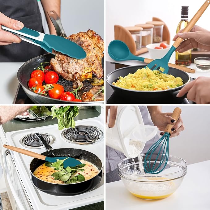 Kitchen Utensils Set of 12, E-far Silicone Cooking Utensils with Holder, Non-stick Cookware Friendly & Heat Resistant, Includes Spatula Tong Whisk Ladle Brush Slotted Turner Spoon(Teal Blue)