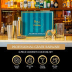 Shaken & Stirred Cocktail Set by Bull in China - Premium Bartender Gift Set w/ 2 Piece Weighted Shaker, Hammered Jigger, Hawthorne Strainer, Fine Mesh Strainer, Mixing Glass & Barspoon (Copper)