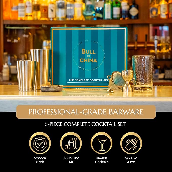 Shaken & Stirred Cocktail Set by Bull in China - Premium Bartender Gift Set w/ 2 Piece Weighted Shaker, Hammered Jigger, Hawthorne Strainer, Fine Mesh Strainer, Mixing Glass & Barspoon (Matte Black)