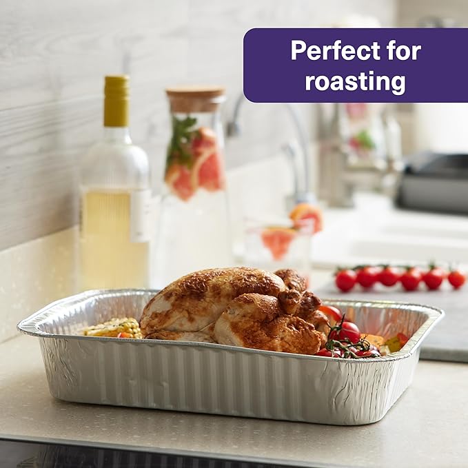 MATANA 9x13 Aluminum Pans Foil Trays (25 Pack) Disposable Baking Tin Foil Pan, Half Size Deep Steam Table Pan, Aluminum Tray, Great for Oven Roasting, Chafing, Heating, Serving Food, Parties