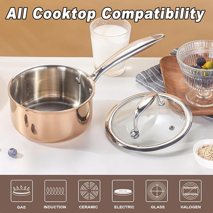 1-Quart Saucepan with Lid, Tri-Ply Stainless Steel Pot with Stay-Cool Handle & All Cooktop Compatibility (Gas, Ceramic, Electric) - Copper