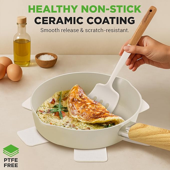 NutriChef 14-Piece pots and pans Set Ceramic Cookware Set - Induction Safe Pots and Pans with Glass Lids, Cool-Touch Handles, Dishwasher Safe, Includes Ladle, Tongs, Spatula, White