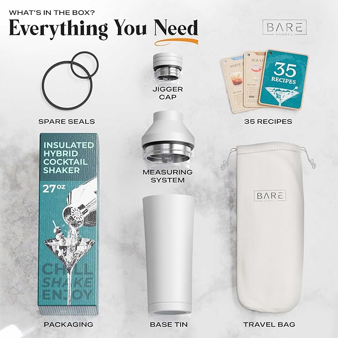 Insulated Cocktail Shaker Set | Double Wall Stainless Steel | Martini Shaker for Home Bar Bartending | Built-in Drink Measurement System & Strainer, Travel Bag, 35 Recipes | Gift Set (Matt White)