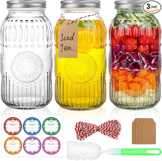 Wide Mouth Mason Jars 64 oz, 3 Pack Large Half Gallon Mason Jars with Airtight Lids and Bands, Clear Glass Canning Jars for Preserving, Pickling, Fermenting, Meal Prep & DIY Crafts (Sunflower)