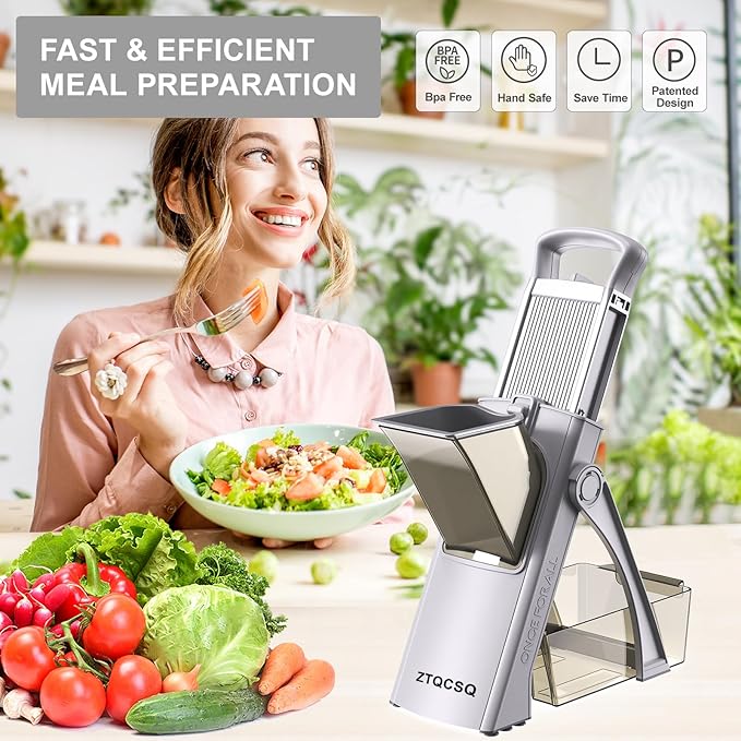 [All in 1] Upgraded Version Safe Mandoline Slicer for Kitchen, Adjustable Thickness. and Spiralizer, Veggie Slicer, Rapid Prep Mandoline, Detachable Blade, Cleaning Brush (High-grade Gray)