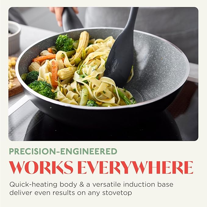 Rigoletto 11” Nonstick Wok Pan, Made in Italy, Vesuvio Layered Ceramic PFAS-Free Surface, Induction Ready Skillet, Dishwasher & Metal Utensil Safe, Granite Finish, Stay-Cool Handle, Black