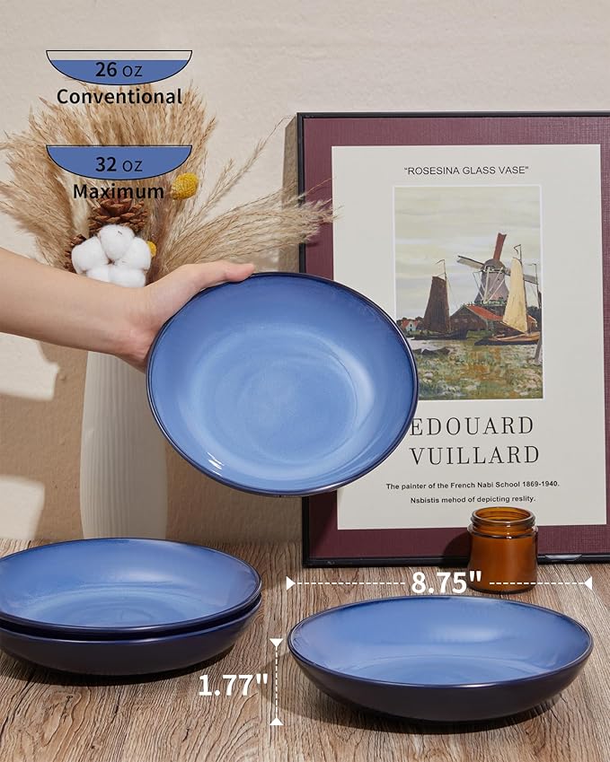 Ceramic Pasta Bowl Set of 4, 32 Oz Large Salad Bowls for Serving, Microwave & Dishwasher Safe Soup Bowls for Kitchen, Light Blue Stoneware Bowl Set