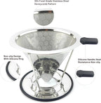 Pour Over Coffee Dripper, Stainless Steel Coffee Filter, Reusable Coffee Filter, Metal Cone Filter with Removable Cup Holder and Cleaning Brush