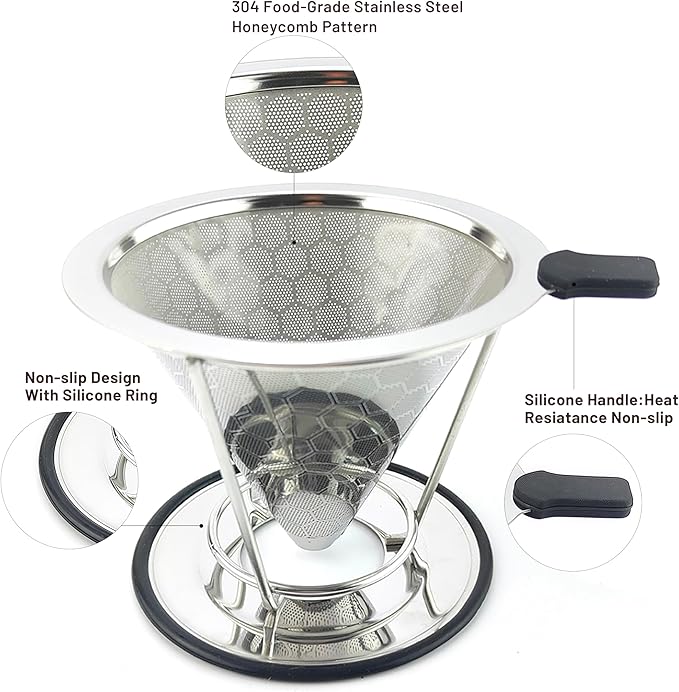 Pour Over Coffee Dripper, Stainless Steel Coffee Filter, Reusable Coffee Filter, Metal Cone Filter with Removable Cup Holder and Cleaning Brush