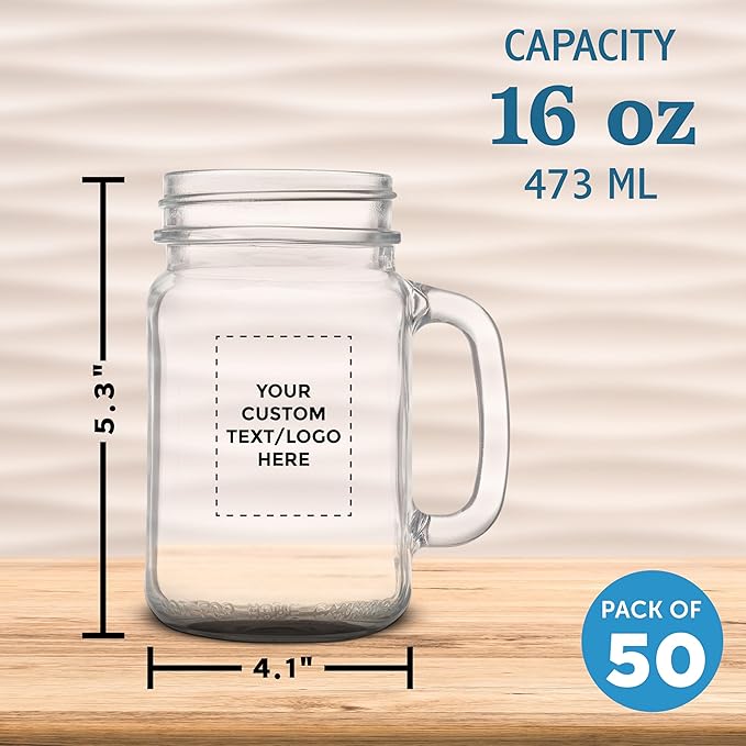 DISCOUNT PROMOS Custom Libbey Mason Jars w/Handles 16 oz. Set of 50, Personalized Bulk Pack - Traditional style, High standard - Black