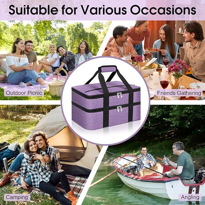 Double Insulated Casserole Carrier, Portable Casserole Carrier for Hot or Cold Food Lunch Tote Warmer or Cooler Bag, Lasagna Lunch Bag for Potluck Parties- Fits 9" x 13" Baking Dish-Purple