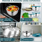 P&P CHEF Mixing Bowl with Lid Set of 7, Stainless Steel Nesting Salad Bowls for Cooking Serving Prepping, Clear Lids & Stackable Design, Size 4.6, 3.5, 3, 2, 1.5, 1, 0.7 Qt - Blue