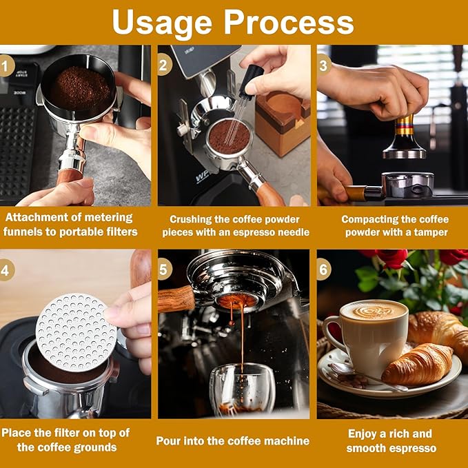 58mm Espresso Tamper Accessories Kit: 58mm Coffee Espresso Tamper Set, with Espresso Tamper, Wdt Stirrer Tool, Puck Screen, Dosing Funnel, Tamper Mat, Coffee Stencils for Espresso Machine (Golden)