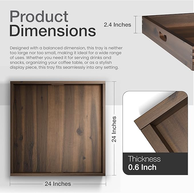 24 Inch Acacia Wood Square Ottoman Tray - Wooden Square Serving Tray - Extra Large Food Serving Trays for Decorative, Coffee Table, Breakfast in Bed - Charcuterie Trays (Walnut Color)