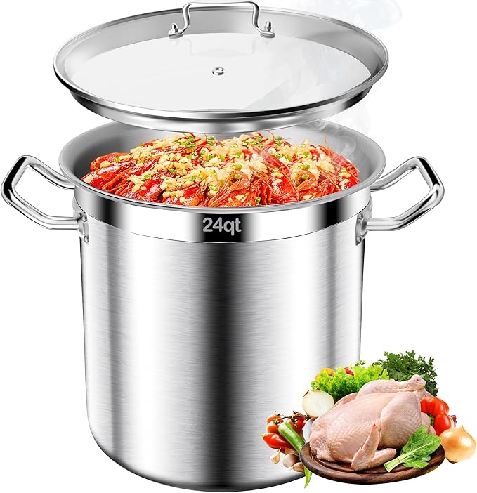Stainless Steel Stock Pot - 24QT Heavy Duty Induction Cooking Pot with Visible Lid, Nonstick Thick Bottom Big Stockpot, Deep Cookware for Canning, Boiling Beer Brewing, Soup, Seafood Boil Soup Pots