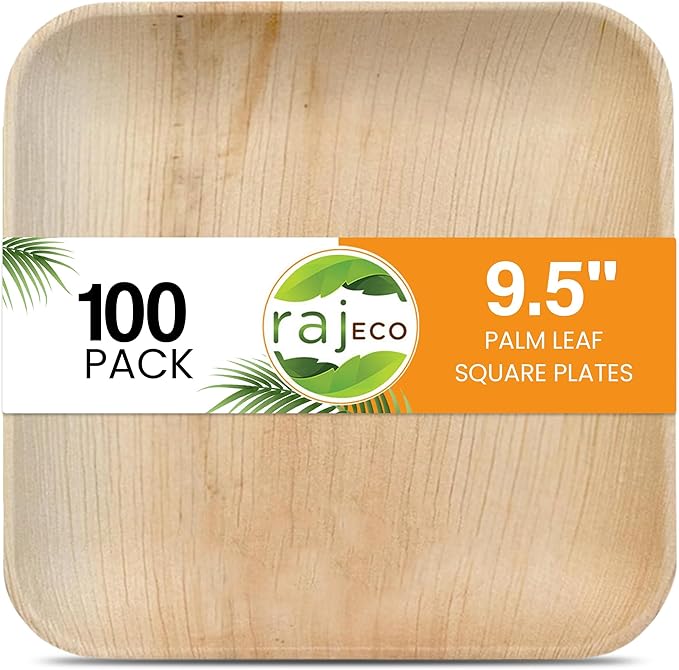 Raj Disposable Palm Leaf Plate [100-Pack] Large Square Plates Strong and Reusable Party Plate Like Bamboo Plates - Decorative Compostable Tableware for Lunch, Dinner, Birthday, Camping