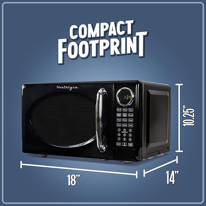 Nostalgia Retro Microwave Oven 0.7 Cu Ft, 700-Watt Countertop Size with Glass Turntable, Child Safety Lock, 8 Auto-Cook Programs, Digital Clock, Black