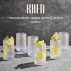 Hobnail Beaded Highball Drinking Tumbler Glasses | Set of 6 | Clear, Vintage Bubble Design Whiskey Glassware, Old-Fashioned, Embossed Design, Water, Wine, Cocktail Embossed Heavy Glass, Rocks Glass