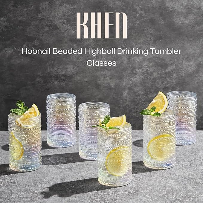 Hobnail Beaded Highball Drinking Tumbler Glasses | Set of 6 | Clear, Vintage Bubble Design Whiskey Glassware, Old-Fashioned, Embossed Design, Water, Wine, Cocktail Embossed Heavy Glass, Rocks Glass