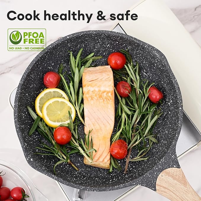 JEETEE Nonstick Frying Pans Set with Lid, Skillets Set 6 Pcs, 8" 9.5" 11" Granite Non-Stick Frying pan, Cookware Set with Bakelite Handle, Suitable All Stovetops (Gas, Electric & Induction), Grey
