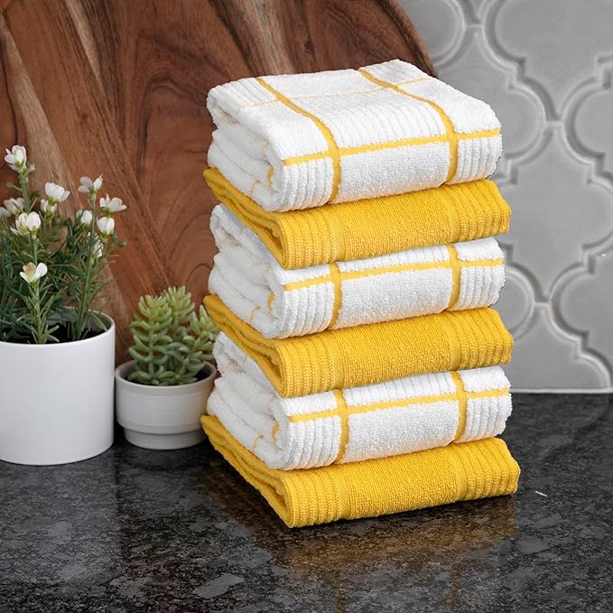 T-fal Solid & Checked Parquet Kitchen Towels: Highly Absorbent, Super Soft Long Lasting - 100% Cotton, 16"x26" Dish Towels for Cleaning & Drying Dishes, Pans, Glassware, Countertops, 6-Pack, Lemon