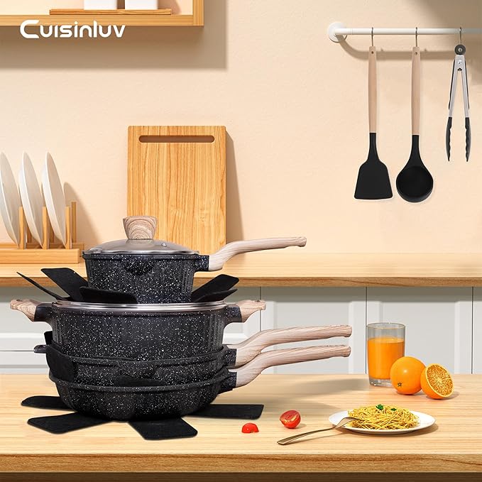 Pots and Pans Set Non Stick, 13Pcs Kitchen Cookware Sets, Granite Stone Induction Cookware Non Stick Cooking Set w/Frying Pans, Saucepans, Sauté Pan (PFOA Free), Black