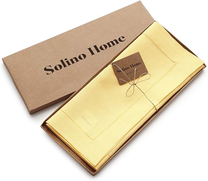 Solino Home Linen Yellow Table Runner 48 Inches - Classic Hemstitch, 100% Pure Linen Coffee Table Runner 14 x 48 Inch Ideal for Dresser Tables - Summer