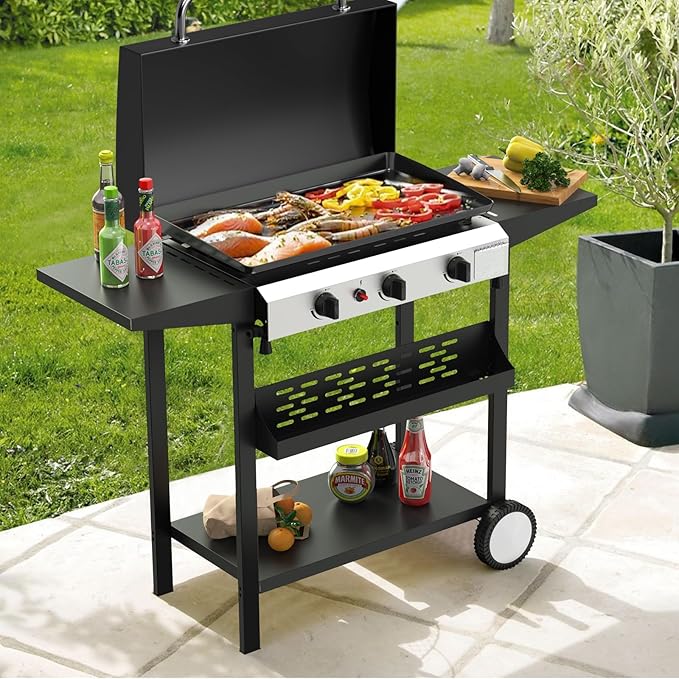 3 Burner BBQ Gas Griddle with Hood, 25.6 Inch Stainless Steel Portable Detachable Propane Griddle, 45,000 BTU Flat Top Grill with Side Shelves for Camping, Silver