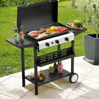 3 Burner BBQ Gas Griddle with Hood, 25.6 Inch Stainless Steel Portable Detachable Propane Griddle, 45,000 BTU Flat Top Grill with Side Shelves for Camping, Silver