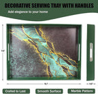 Marble Green Decorative Tray for Coffee Table, Ottoman, Rectangular Plastic Serving Platter Tray with Handles for Entertaining, Outdoor Patio, Living Room Counter, 15.7”*11.8”*1.6”