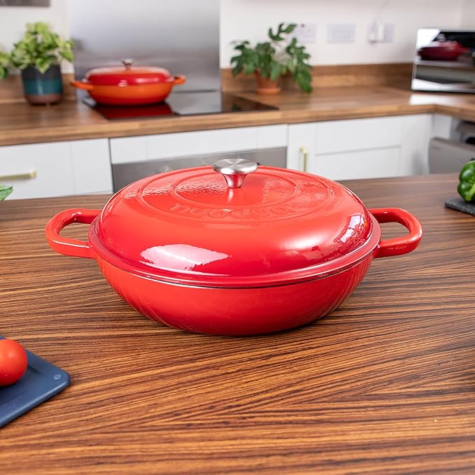 Shallow Cast Iron Casserole with Lid – Non Stick Dutch Oven Pot, Oven Safe up to 500° F – Sturdy Ovenproof Stockpot Cookware – Enamelled Cooking Pot – Red, 5-Quart, 32cm – by Nuovva